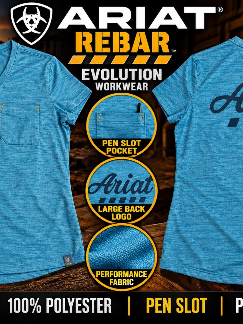 Ariat Rebar Evolution Logo T Shirt Mens XL Blue Workwear Pocket Performance